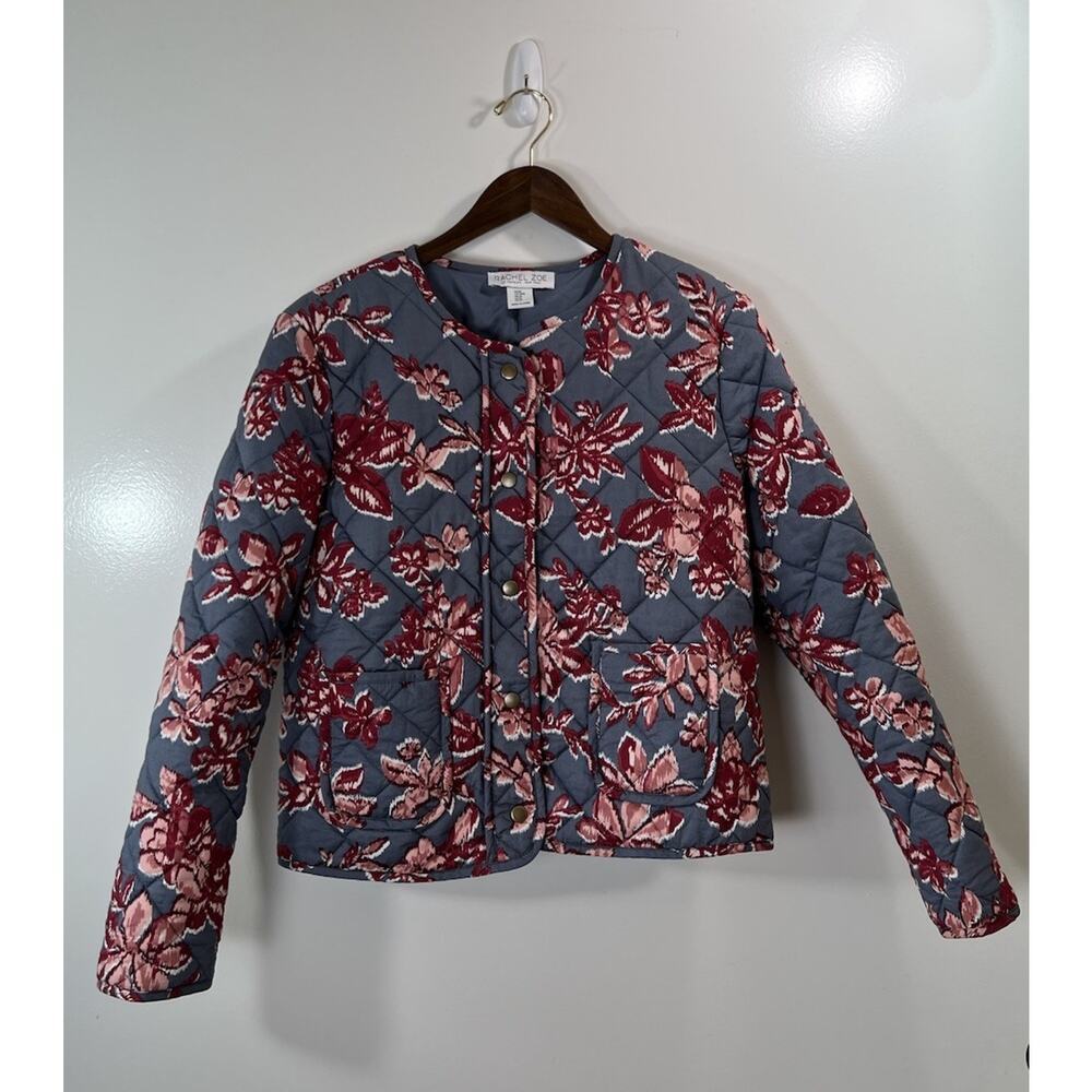 Rachel Zoe Women's Quilted Floral Jacket Size M Gray Red Pink Cottagecore‎ Boho
